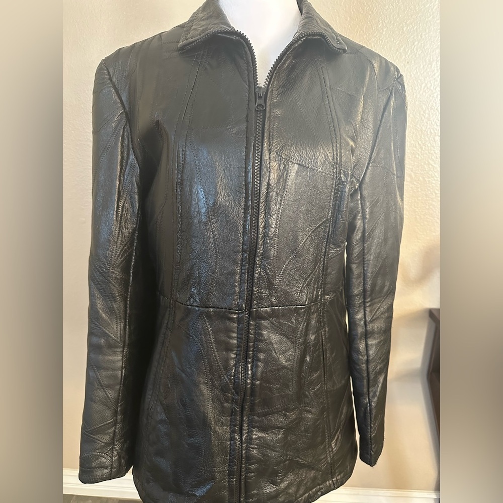Women's Black Patchwork Leather Jacket Mid hip Small